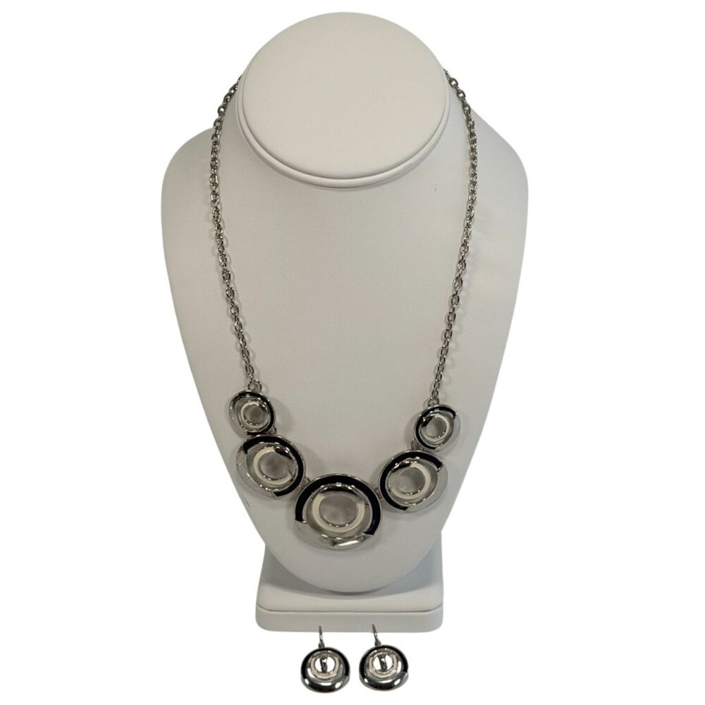 Vintage Silver Tone Geometric Circle Enamel Statement Bib Necklace & Earring Set